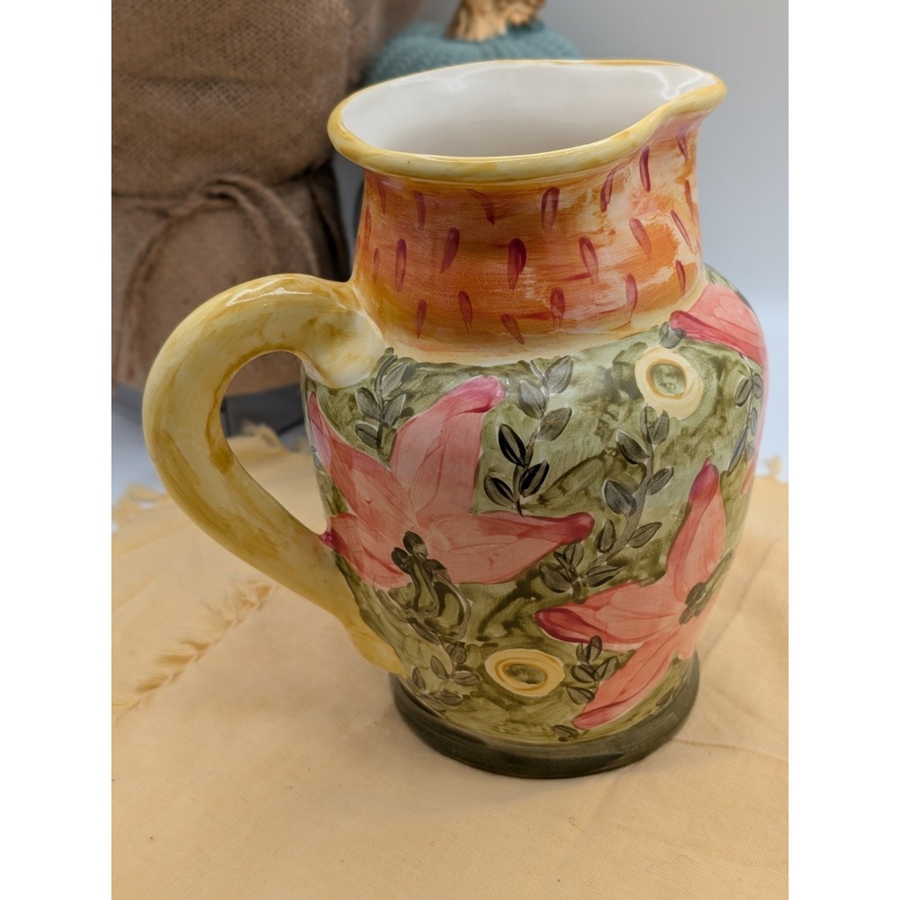Signed Adams Hand-Painted Ceramic Floral Pitcher 9" — Vintage Cottagecore Vase